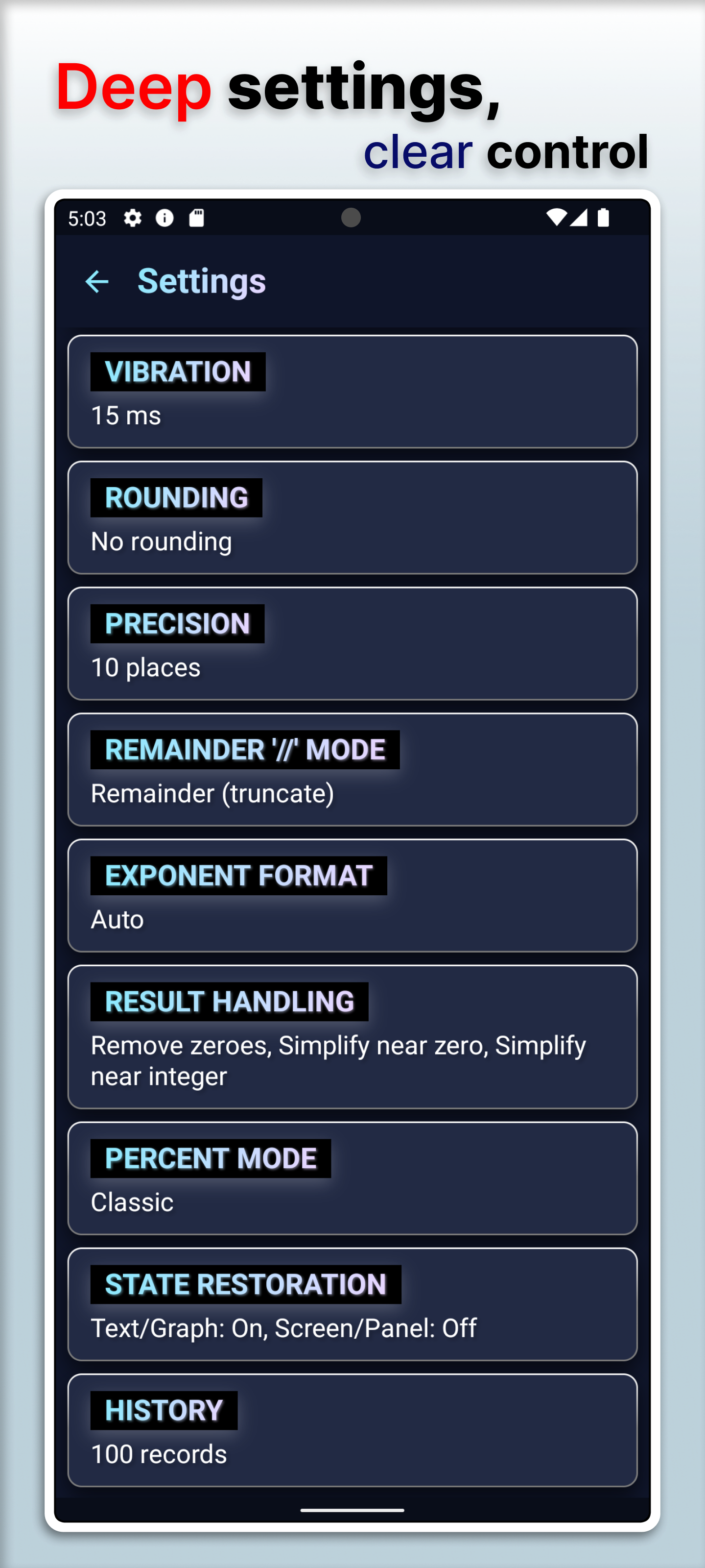 Settings screen in CalcIUM